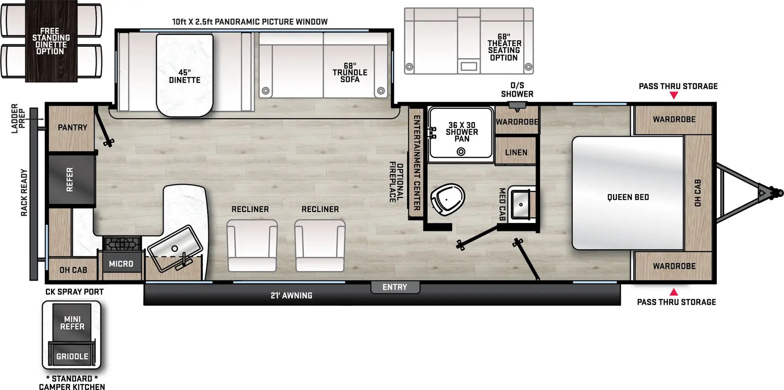 The Catalina Legacy Edition 283RKS floorplan has one entry and one slide out. Exterior features include: metal exterior, 21' awning and outside kitchen. Interiors features include: rear kitchen, free-standing dinette option and front bedroom.